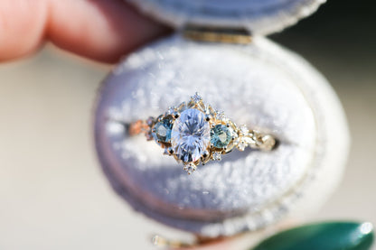 Unique floral engagement rings Rose Three-Stone Oval Moissanite and Topaz Ring