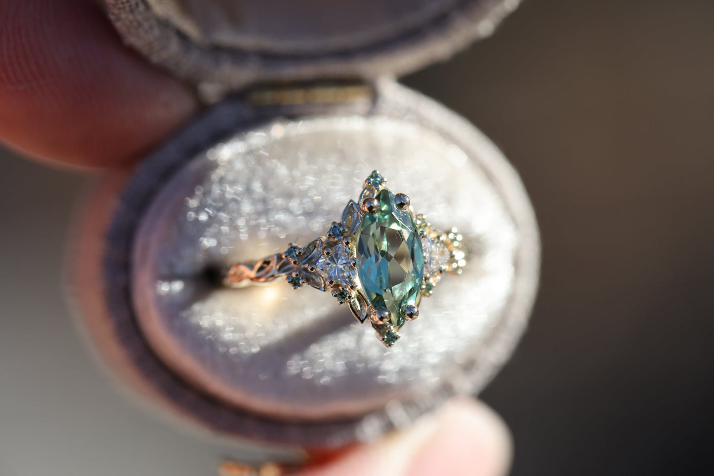 Unique floral engagement rings Rose Three Stone Marquise Lab Green Sapphire and Moissanite Ring