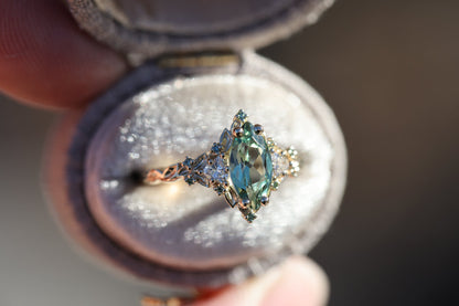 Unique floral engagement rings Rose Three Stone Marquise Lab Green Sapphire and Moissanite Ring