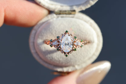 Unique floral engagement rings Moon Three Stone Pear Moissanite Ring