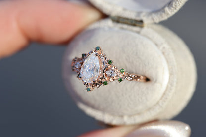 Unique floral engagement rings Moon Three Stone Pear Moissanite Ring