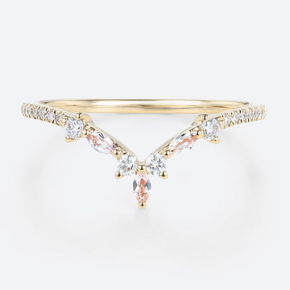 Unique Marquise Cut Morganite Curved Wedding Band Moissanite Wedding Band