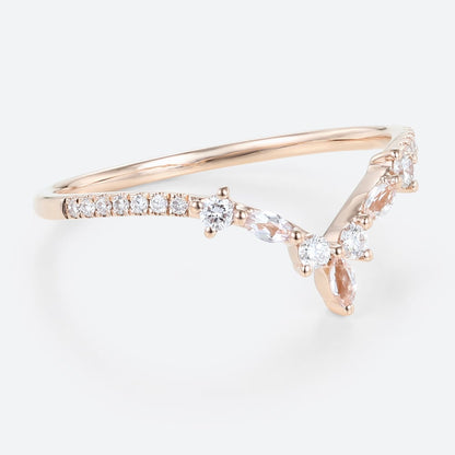 Unique Marquise Cut Morganite Curved Wedding Band Moissanite Wedding Band