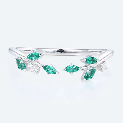 Unique Round & Marquise Cut Lab Emerald and Moissanite Curved Wedding Ring Open Stackable Band