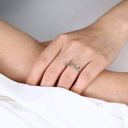 Unique Round & Marquise Cut Lab Emerald and Moissanite Curved Wedding Ring Open Stackable Band