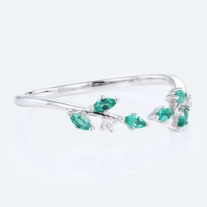 Unique Round & Marquise Cut Lab Emerald and Moissanite Curved Wedding Ring Open Stackable Band