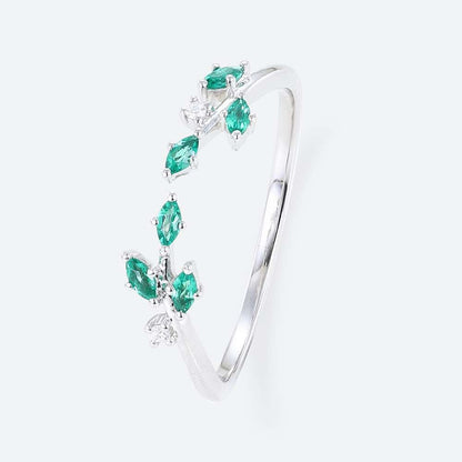 Unique Round & Marquise Cut Lab Emerald and Moissanite Curved Wedding Ring Open Stackable Band