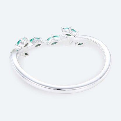 Unique Round & Marquise Cut Lab Emerald and Moissanite Curved Wedding Ring Open Stackable Band