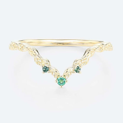 Unique Round Lab Emerald and Moss Agate Wedding Ring Leaf-Inspired Stackable Band