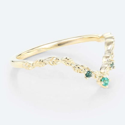 Unique Round Lab Emerald and Moss Agate Wedding Ring Leaf-Inspired Stackable Band