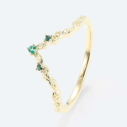 Unique Round Lab Emerald and Moss Agate Wedding Ring Leaf-Inspired Stackable Band