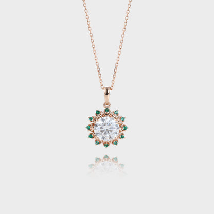 Unique Round Cut Moissanite Necklace Emerald Halo Accented Pendant Gift For Women