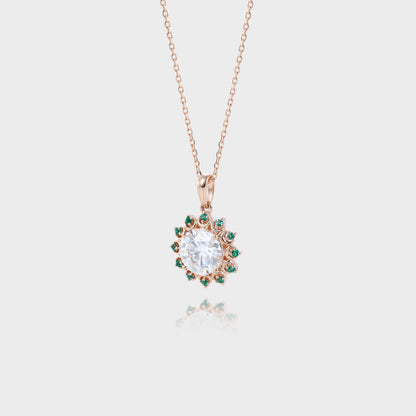 Unique Round Cut Moissanite Necklace Emerald Halo Accented Pendant Gift For Women