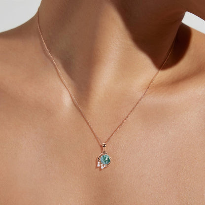 Unique Round Cut Moss Agate Pendant Necklace Moissanite Cluster Accented Necklace