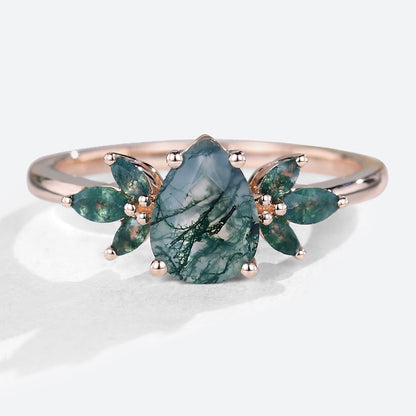 Unique Pear Moss Agate Ring Petal Side Stones Engagement Ring