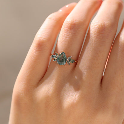 Unique Pear Moss Agate Ring Petal Side Stones Engagement Ring