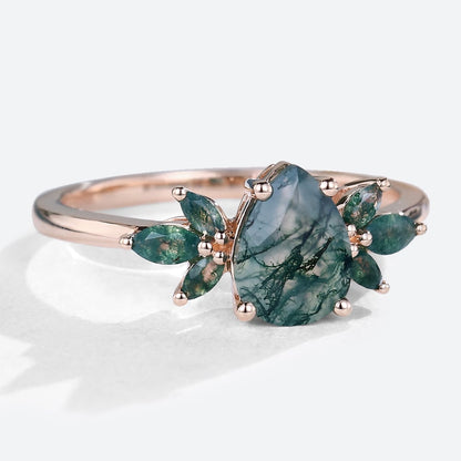 Unique Pear Moss Agate Ring Petal Side Stones Engagement Ring