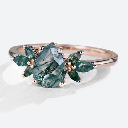 Unique Pear Moss Agate Ring Petal Side Stones Engagement Ring