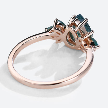 Unique Pear Moss Agate Ring Petal Side Stones Engagement Ring