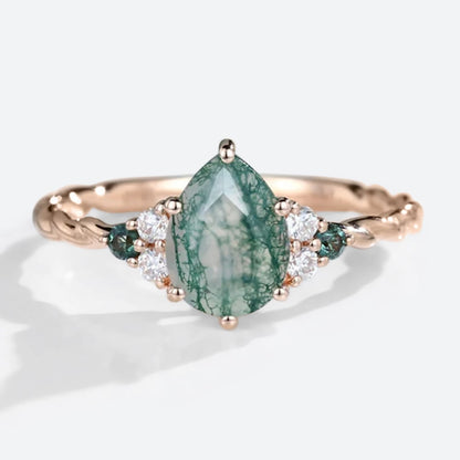 Vintage Pear Moss Agate Twisted Engagement Ring