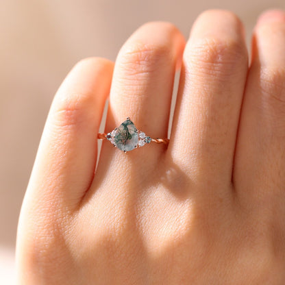 Vintage Pear Moss Agate Twisted Engagement Ring