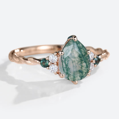 Vintage Pear Moss Agate Twisted Engagement Ring