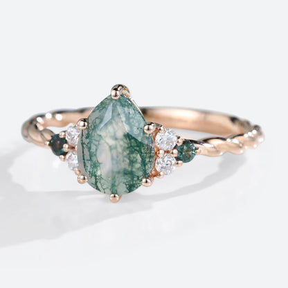 Vintage Pear Moss Agate Twisted Engagement Ring