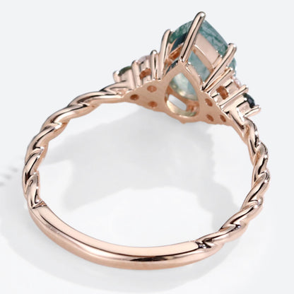 Vintage Pear Moss Agate Twisted Engagement Ring