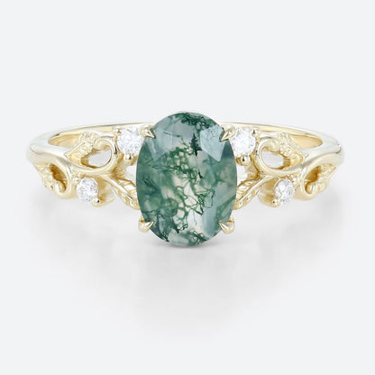 Unique floral engagement rings Oval Moss Agate Claw Engagement Ring Ornate Green Bridal Ring