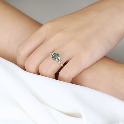 Unique floral engagement rings Oval Moss Agate Claw Engagement Ring Ornate Green Bridal Ring