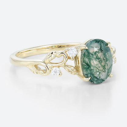 Unique floral engagement rings Oval Moss Agate Claw Engagement Ring Ornate Green Bridal Ring