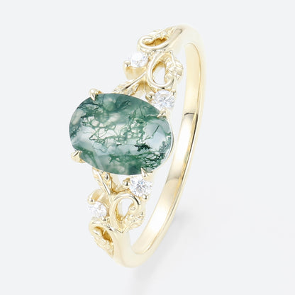 Unique floral engagement rings Oval Moss Agate Claw Engagement Ring Ornate Green Bridal Ring