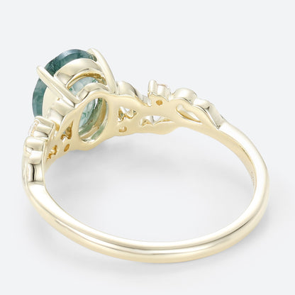 Unique floral engagement rings Oval Moss Agate Claw Engagement Ring Ornate Green Bridal Ring
