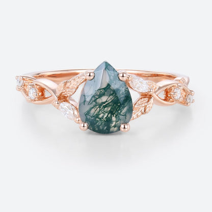 Unique Pear Moss Agate Floral Engagement Ring Nature’s Elegance Ring