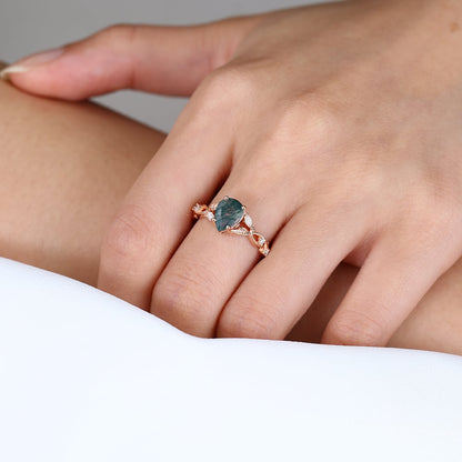 Unique Pear Moss Agate Floral Engagement Ring Nature’s Elegance Ring
