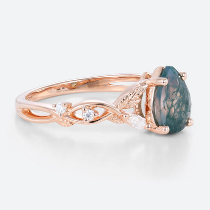 Unique Pear Moss Agate Floral Engagement Ring Nature’s Elegance Ring