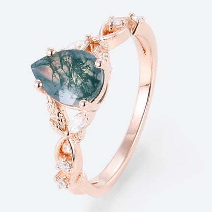 Unique Pear Moss Agate Floral Engagement Ring Nature’s Elegance Ring