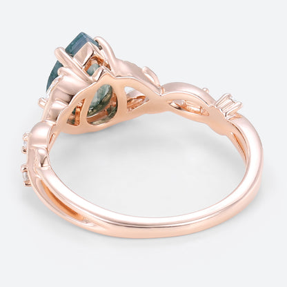 Unique Pear Moss Agate Floral Engagement Ring Nature’s Elegance Ring