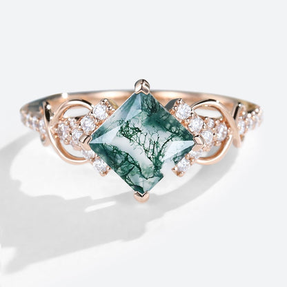 Vintage Princess Moss Agate Engagement Ring For Women