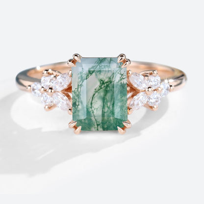 Vintage Emerald Cut Moss Agate Engagement Ring