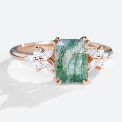 Vintage Emerald Cut Moss Agate Engagement Ring
