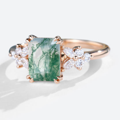 Vintage Emerald Cut Moss Agate Engagement Ring