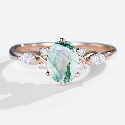 Unique Oval Moss Agate Twist Ring Engagement Ring