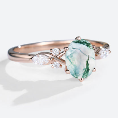 Unique Oval Moss Agate Twist Ring Engagement Ring