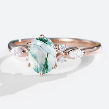 Unique Oval Moss Agate Twist Ring Engagement Ring