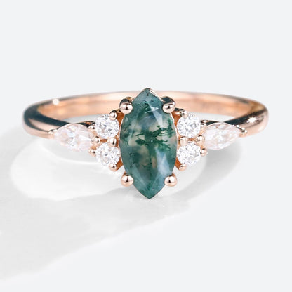 Unique Marquise Moss Agate Simple Engagement Ring