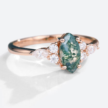 Unique Marquise Moss Agate Simple Engagement Ring