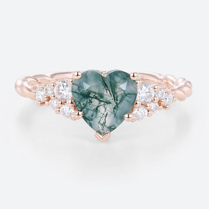Unique Heart Cut Moss Agate Cluster Engagement Ring Twisted Promise Ring