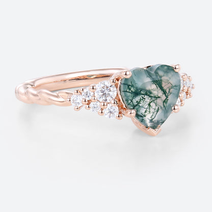 Unique Heart Cut Moss Agate Cluster Engagement Ring Twisted Promise Ring