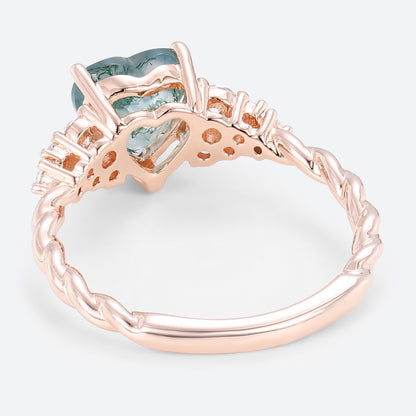 Unique Heart Cut Moss Agate Cluster Engagement Ring Twisted Promise Ring